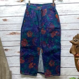 PALMETTO'S Floral Pencil Midi Denim Blue Jean Skirt Junior Size 5 Zipper Slit